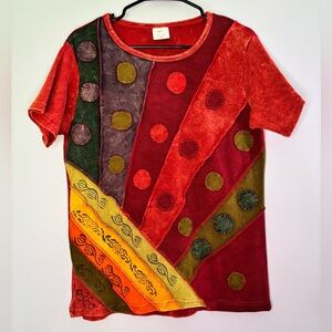 Greater Good Top L/XL Colorful Patchwork Wear Art Boho Short Sleeve Shirt Nepal